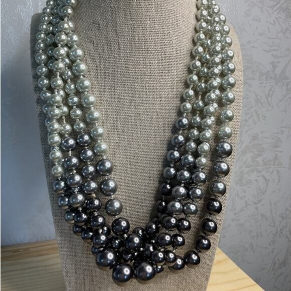 Multi Strand Graduated Light Gray Dark Gray Faux Pearl Round Bead Necklace